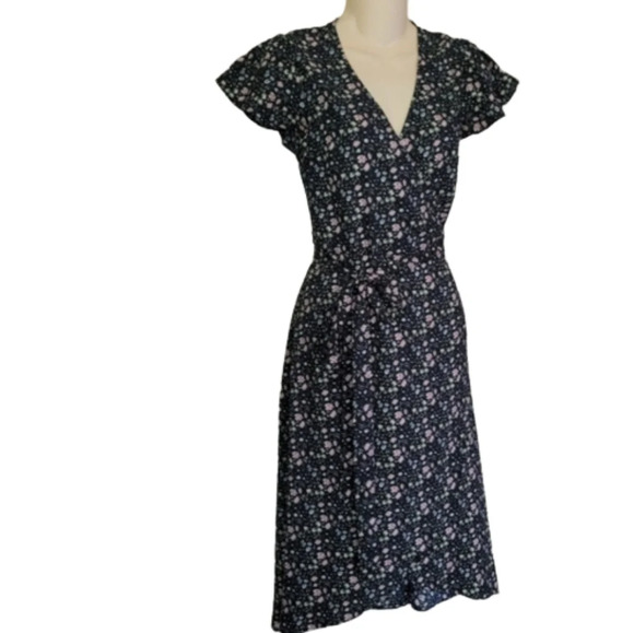 LOFT Black Floral Wrap Flutter Sleeve Dress with pockets Size Women's 0 Petite - Picture 5 of 13